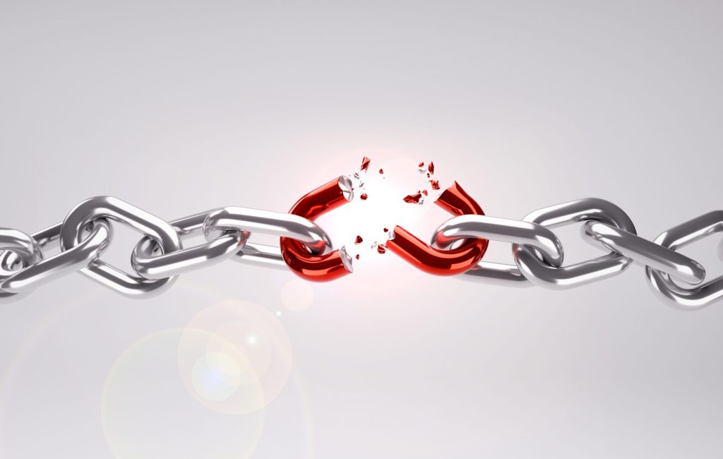 3d illustration Broken Chain with Red Weak Link
